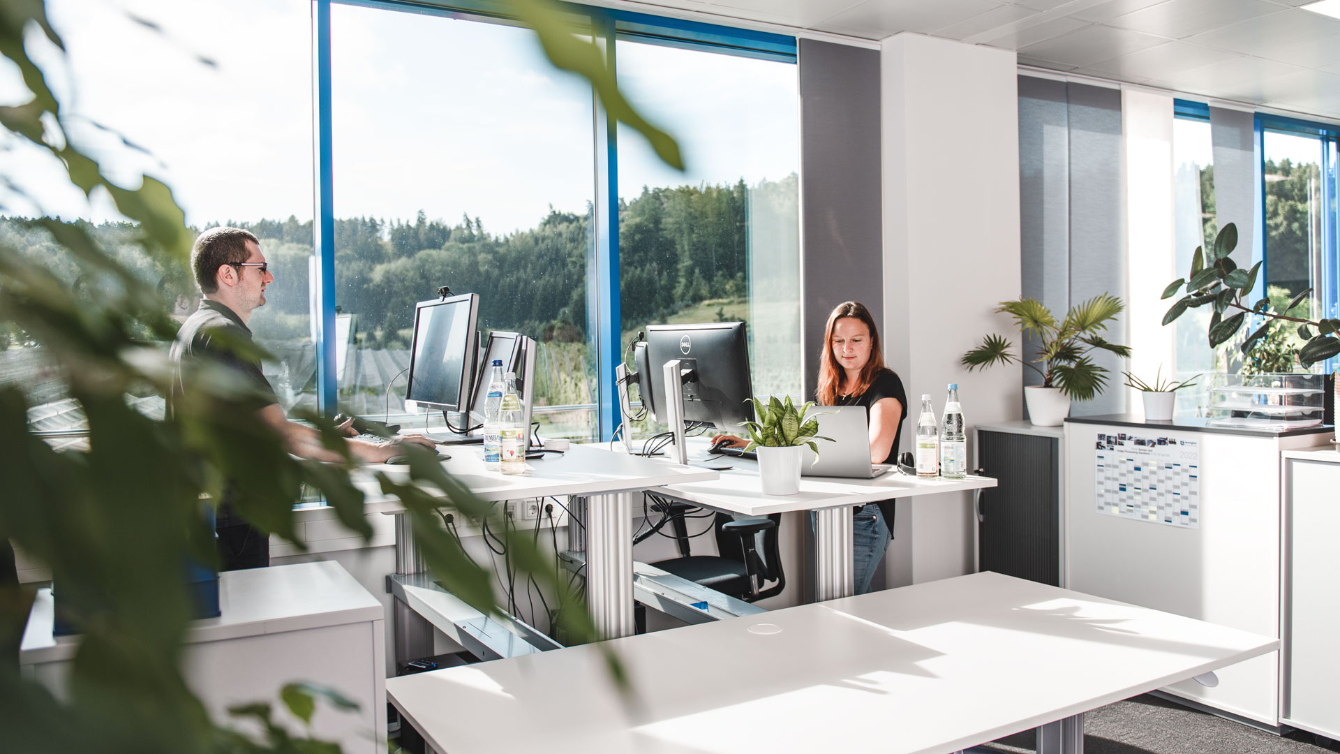 Dos empleats de wenglor es poden veure als seus llocs de treball, moblats ergonòmicament i modernament.