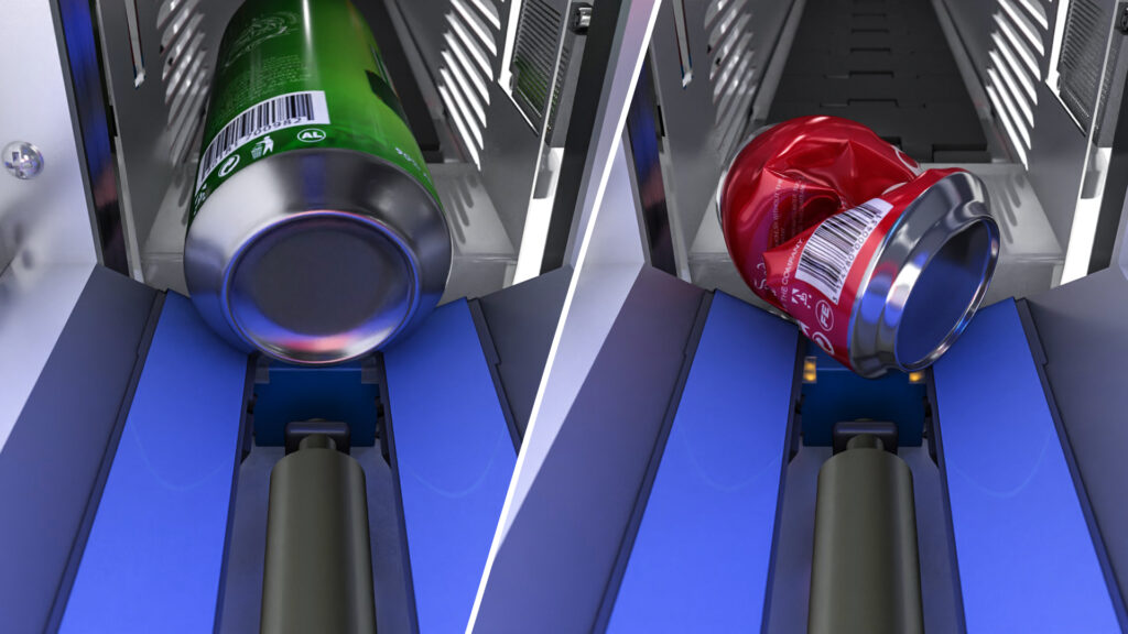 Zwei Dosen werden in einem Pfandflaschenautomaten durch einen induktiven Sensor detektiert.