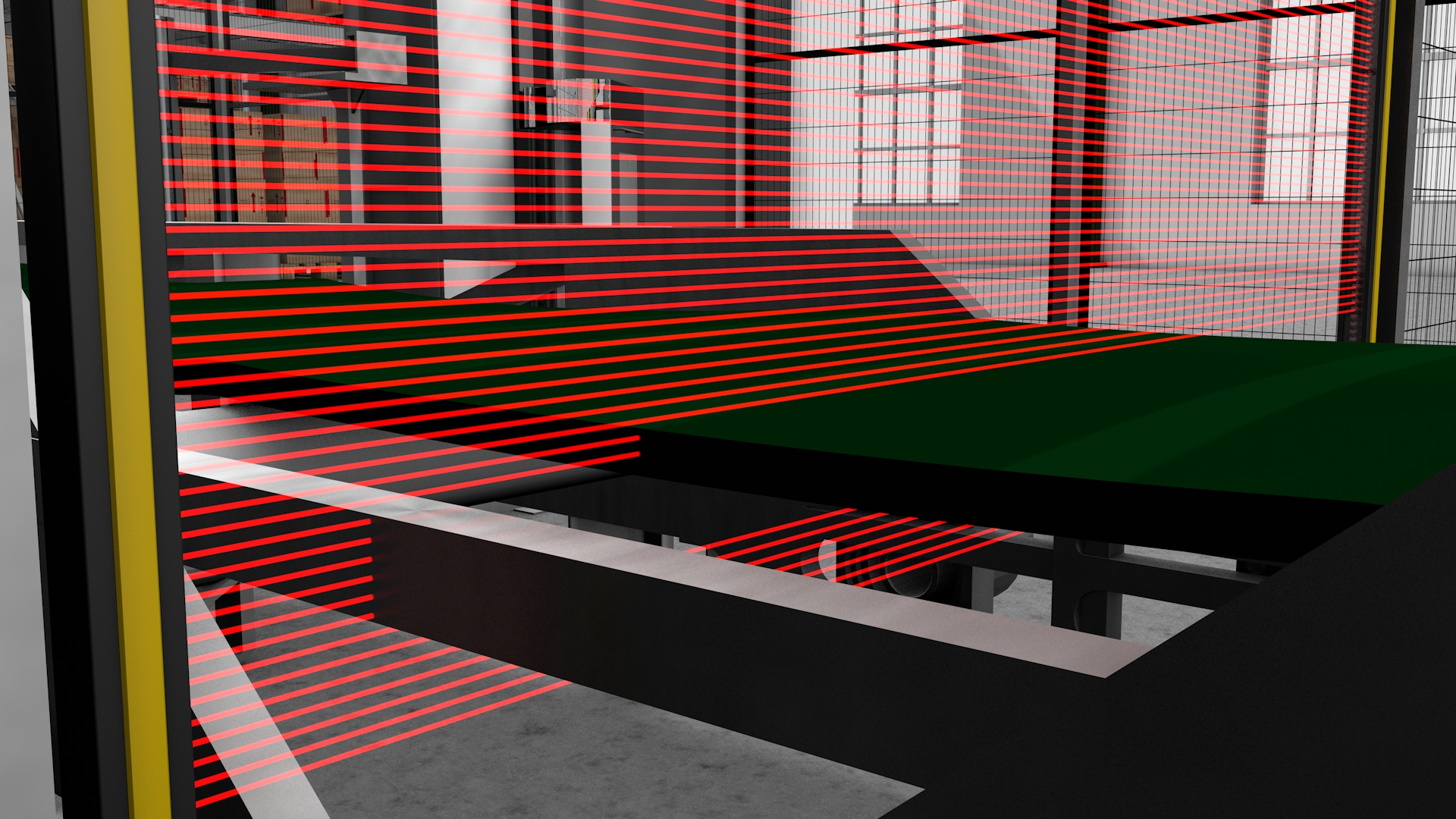 Es wird ein Sicherheits-Lichtvorhang gezeigt bei dem einige Lichtstrahlen durch ein durchfahrendes Objekt unterbrochen werden.