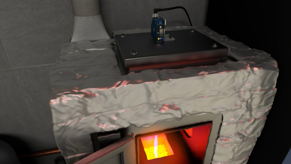 Il·lustració d'una estufa de pellets en què els sensors de distància làser ToF de Wenglor controlen contínuament l'alçada del llit de brases amb un làser blau.