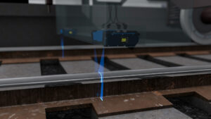 Profilsensor scannt Laufschiene eines fahrenden Sortiersystems