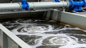 u sehen ist ein quadratisches Becken in einer industriellen Anlage, gefüllt mit klarem Wasser.