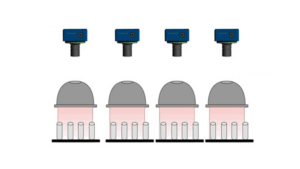 Der grafische Aufbau zeigt vier B60 Smart-Kameras, die oberhalb von vier Dom-Beleuchtungen positioniert sind. Unter jeder Beleuchtung befinden sich vier Dosen auf einem Förderband.