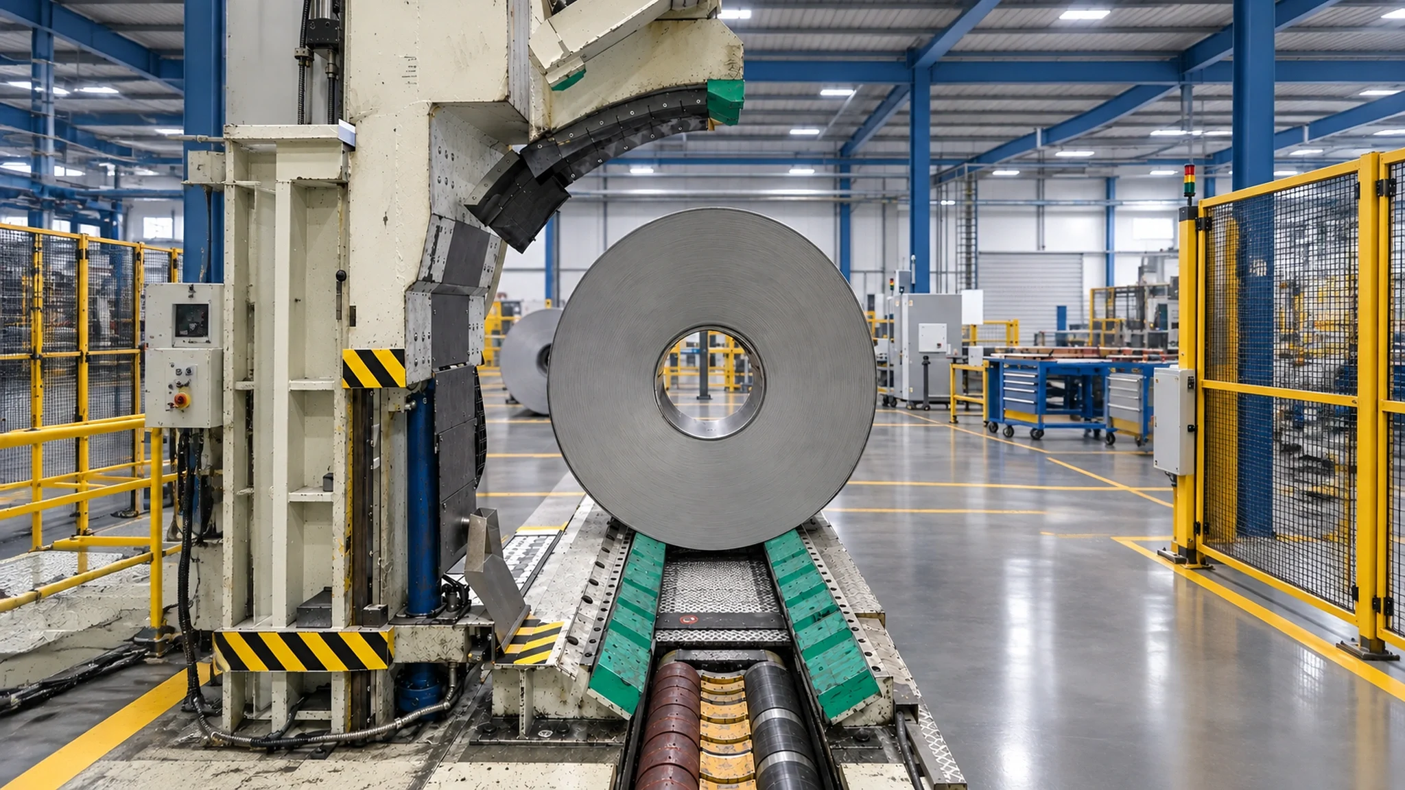 Stahlcoil zwischen oberem Andrücker und unterem Sattel einer Industrieanlage